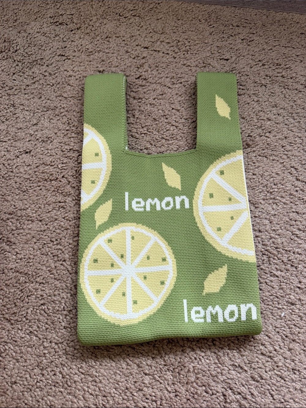Lemon Print Green Knit Tote Bag